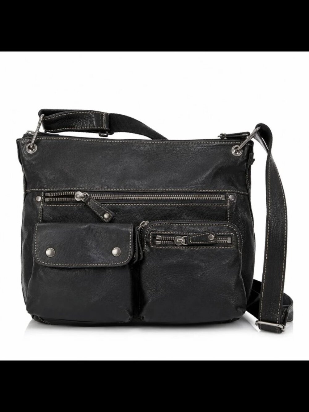 Fossil 70082 Black Leather Crossbody Messenger Bag Multi Pocket Organizer Purse